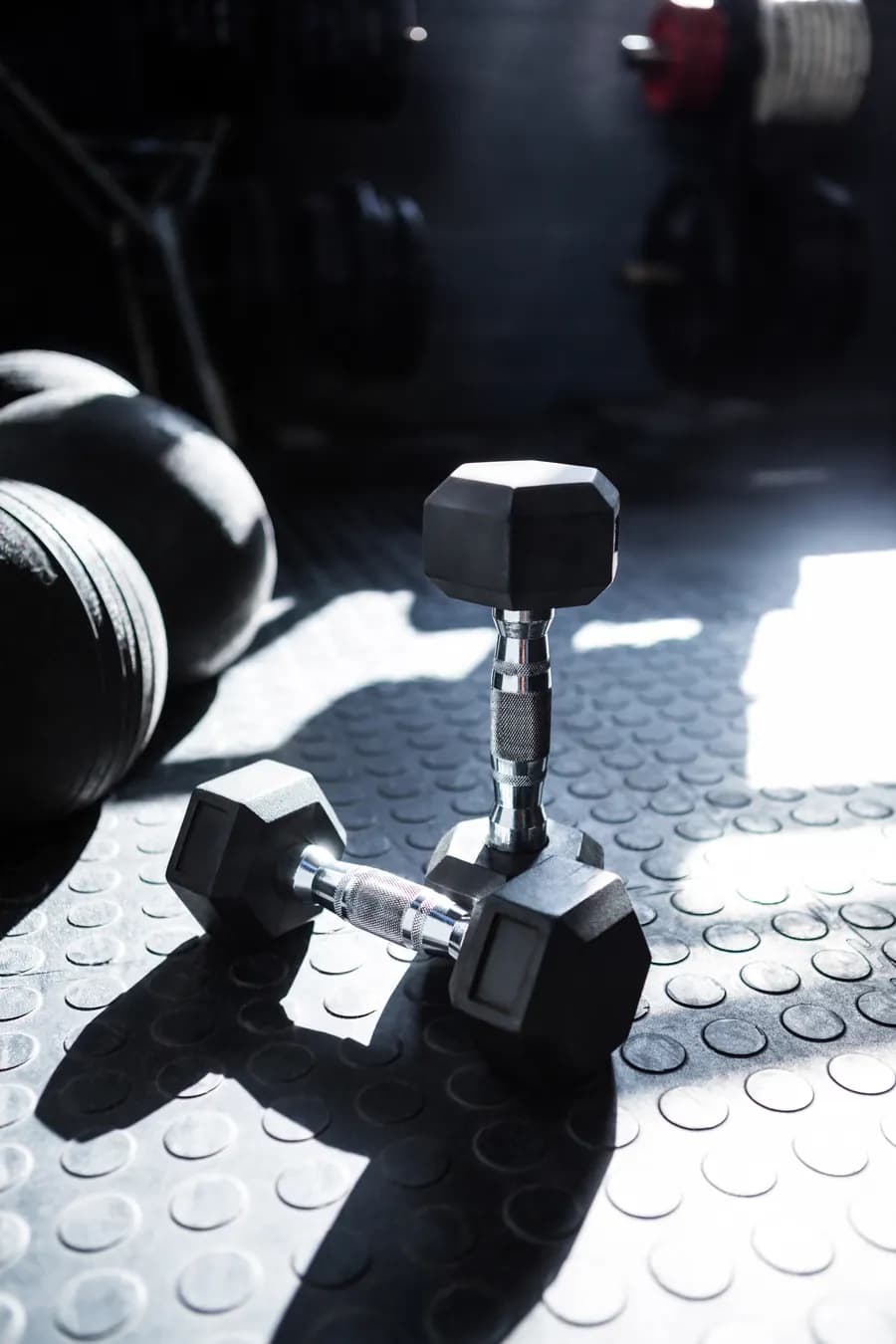 Loaded dumbbell on a gym floor